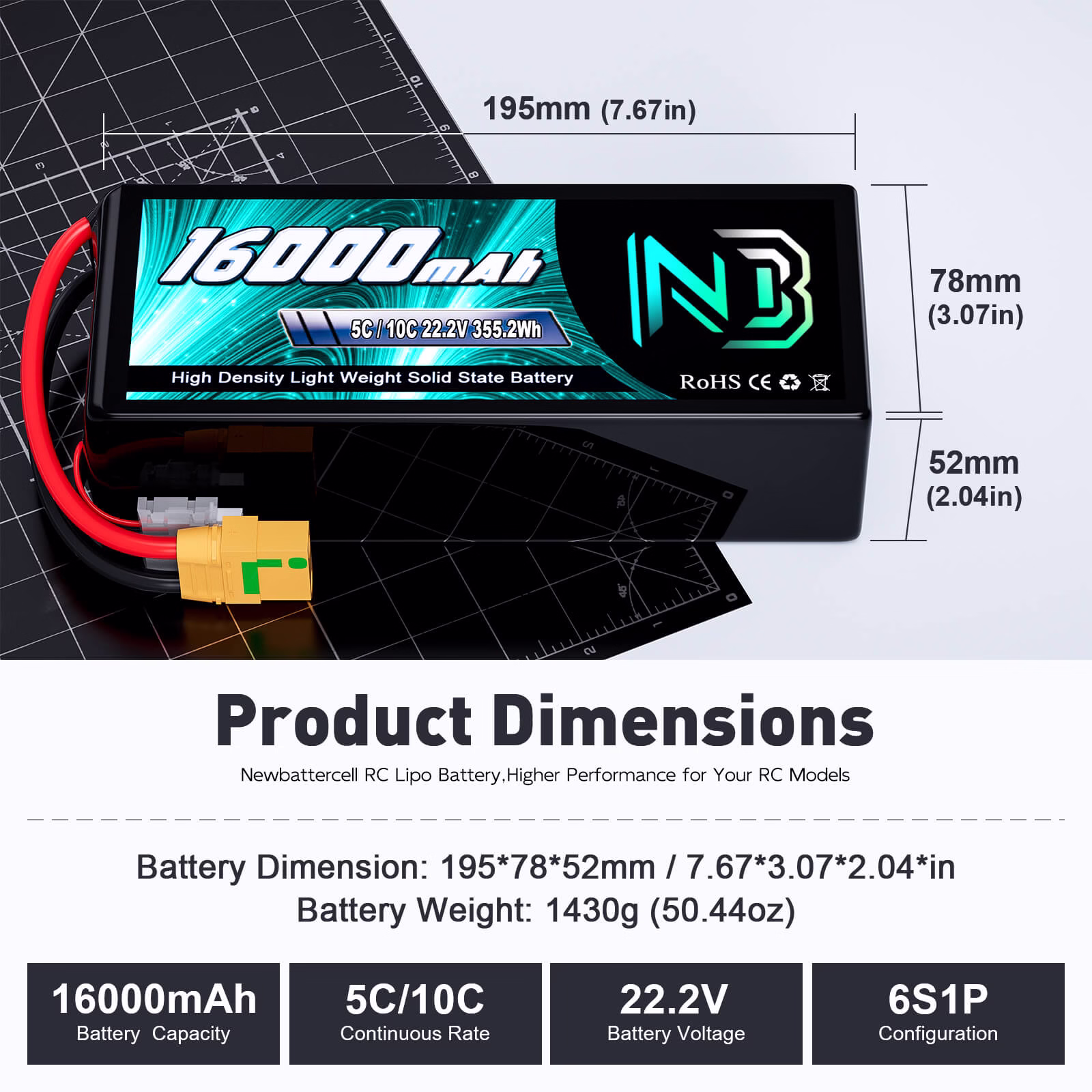 Newbattercell 6S 12S Semi Solid State Batería 22.2V 5C/10C 22000mAh con XT90-S para Drone Avión UAV Multicóptero