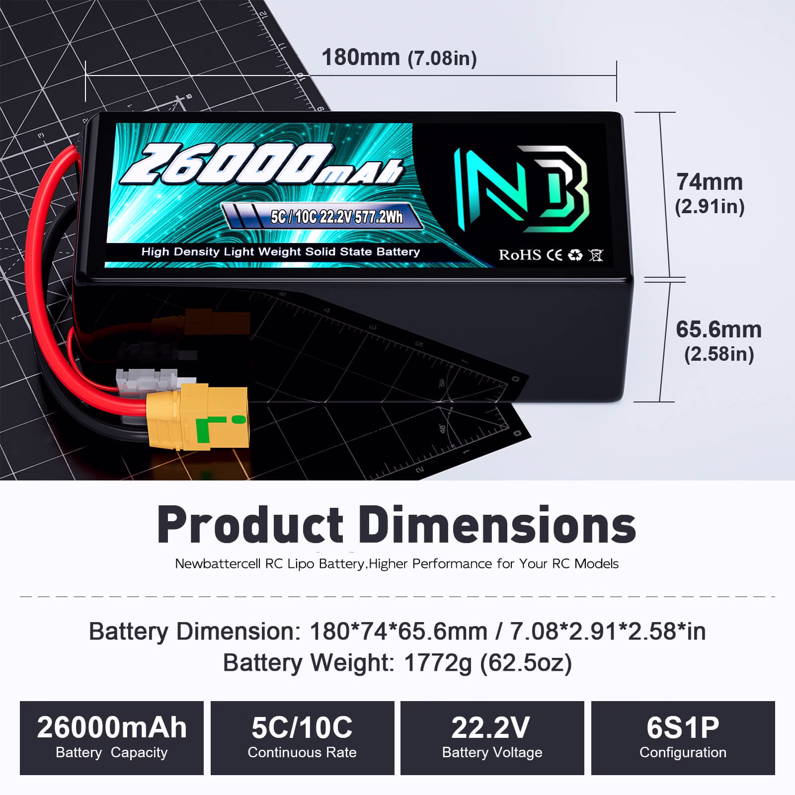 Newbattercell 6S 12S Semi Solid State Batería 22.2V 5C/10C 22000mAh con XT90-S para Drone Avión UAV Multicóptero