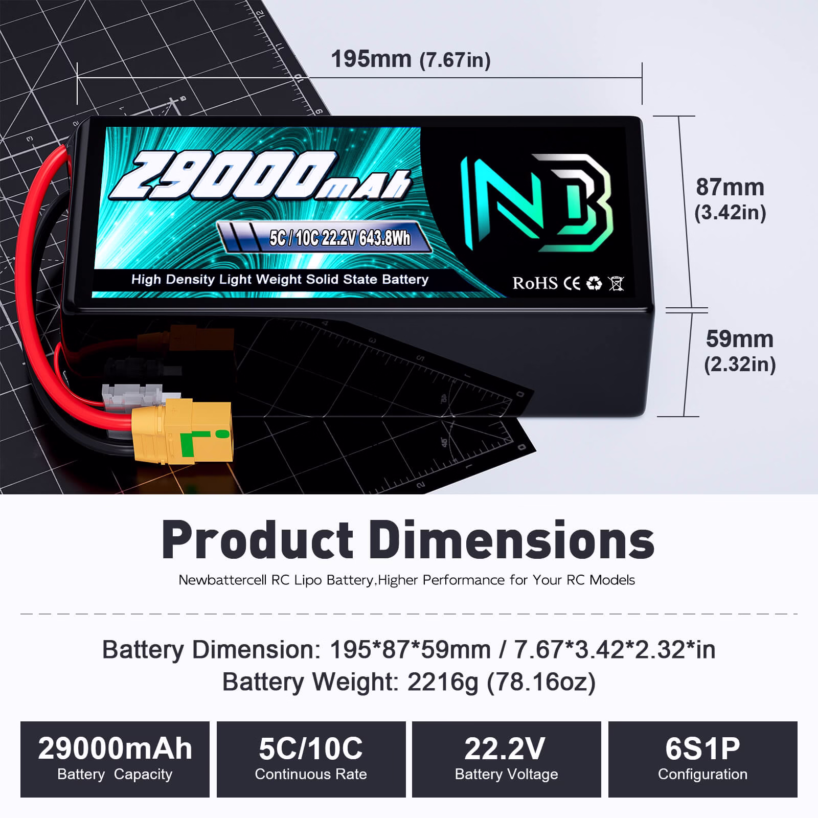 Newbattercell 6S 12S Semi Solid State Batería 22.2V 5C/10C 22000mAh con XT90-S para Drone Avión UAV Multicóptero