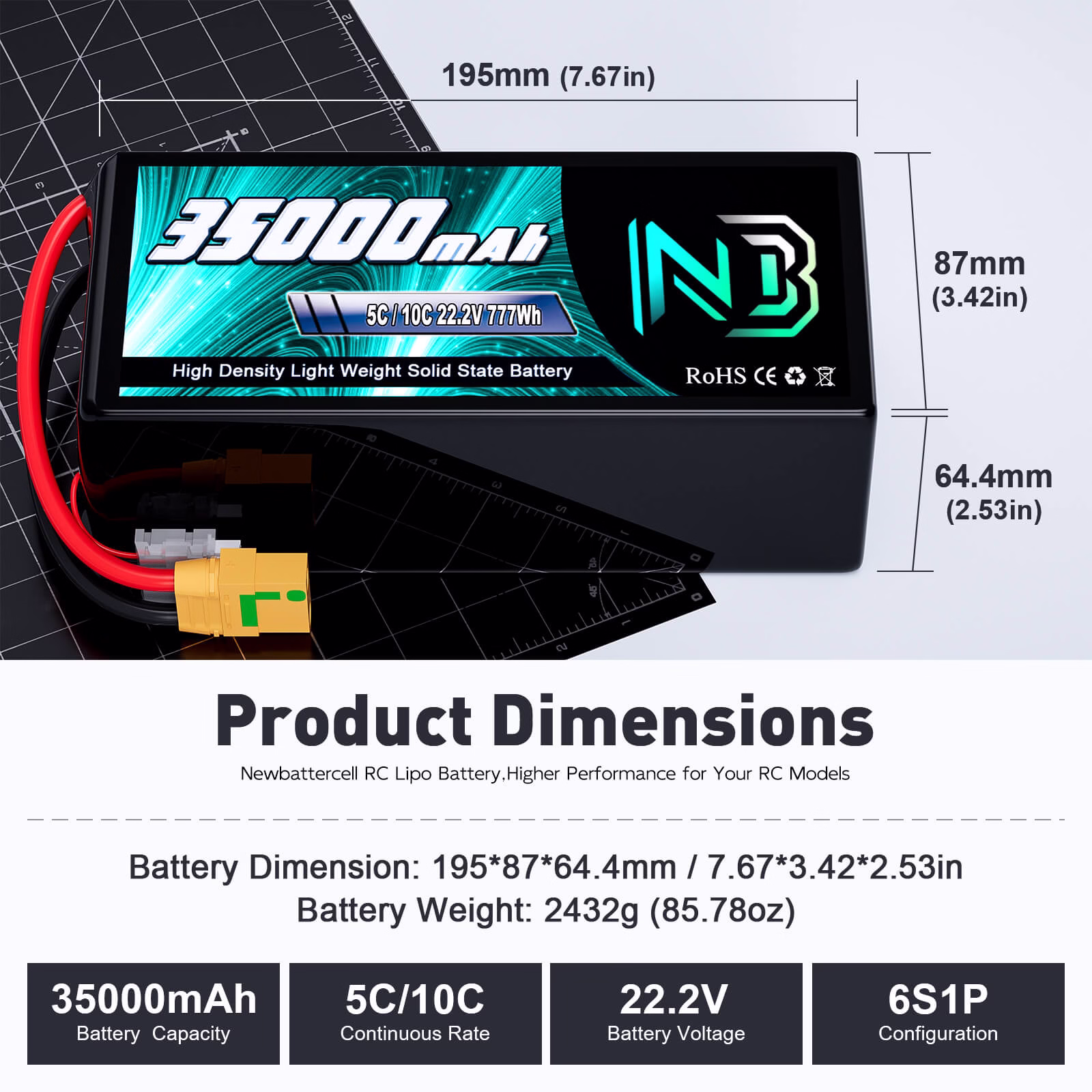Newbattercell 6S 12S Semi Solid State Batería 22.2V 5C/10C 22000mAh con XT90-S para Drone Avión UAV Multicóptero