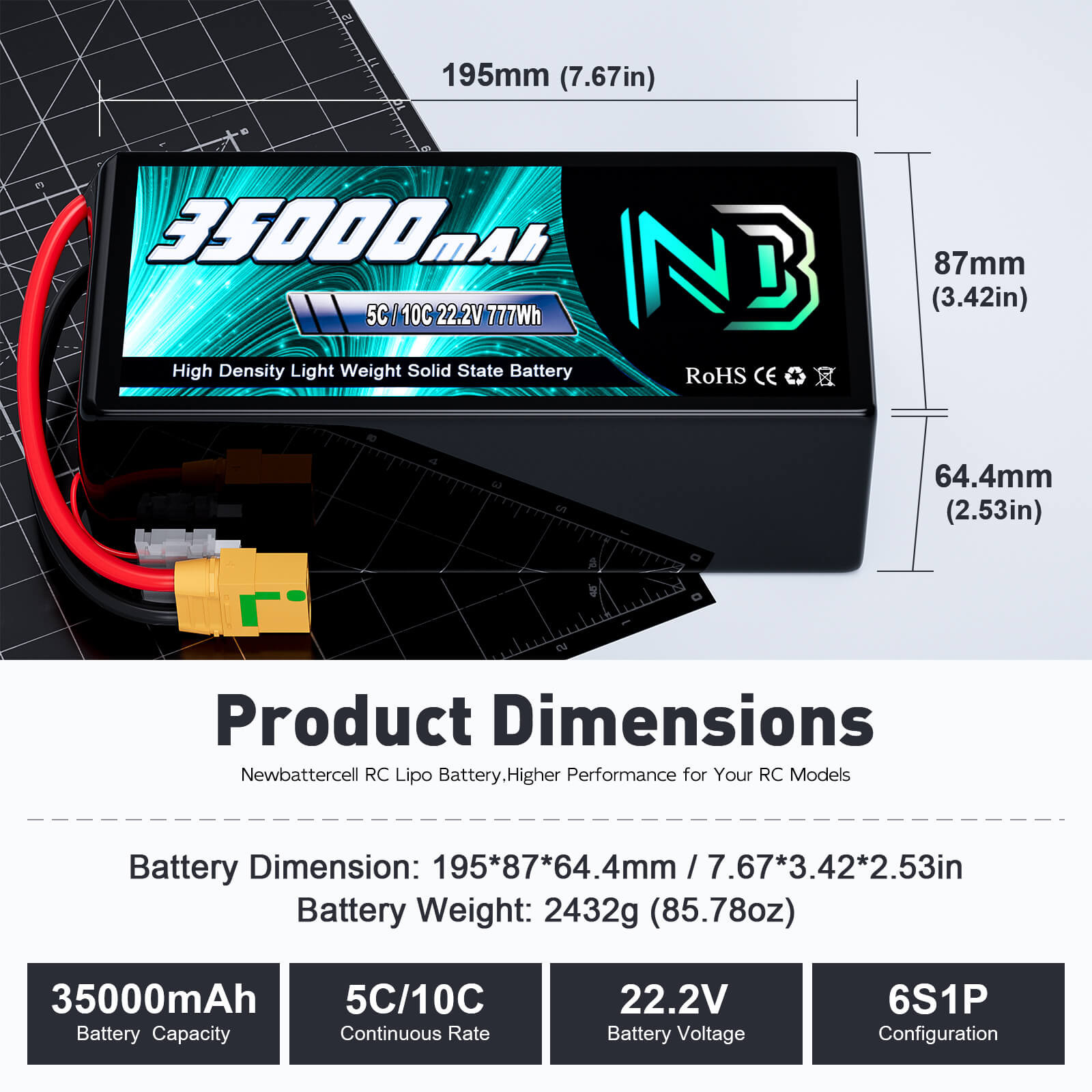 Newbattercell Batterie Lipo 6S 35000mah 22 V Batterie solide pour FPV/UAV Drone