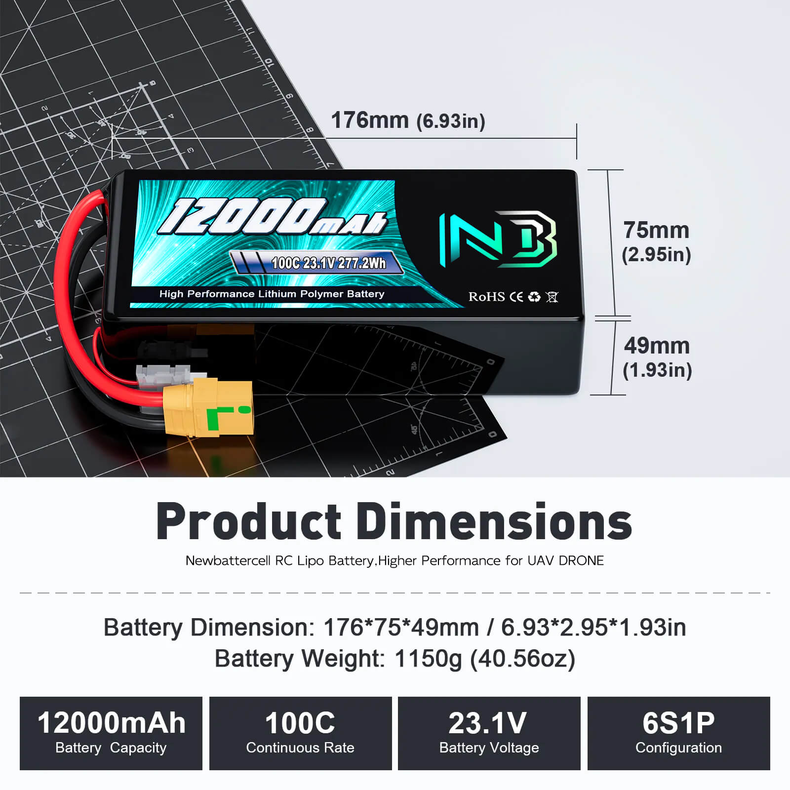 Newbattercell 6S 23.1V 12000mAh LiPo Battery 100C HV for FPV Drone